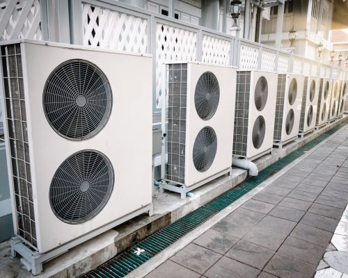 Cooling Air Condition Unit and Control System, Air Condenser Engine Station Outside Building of HVAC Systems. Electrical Compressor Fan Coil of Air Conditioning Equipment for Home Residential Units.